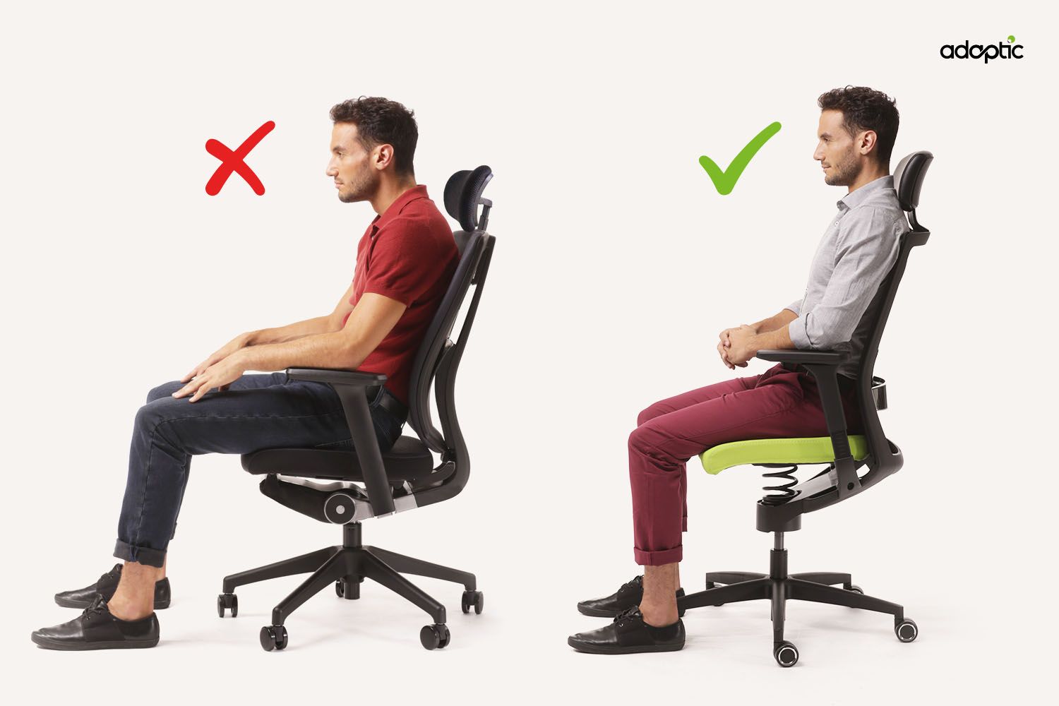 Muž sedí nezdravě na ergonomické židli vs. muž sedící zdravě na zdravotní ížidli