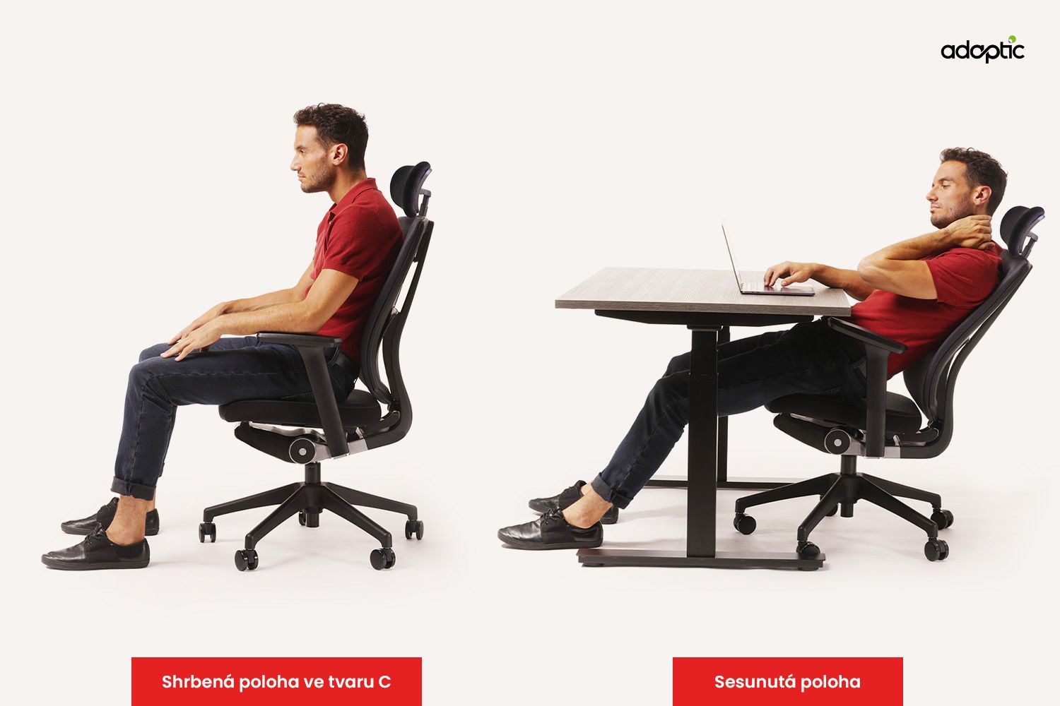 Muž sedí na běžné ergonomické židli ve špatných nezdravých polohách